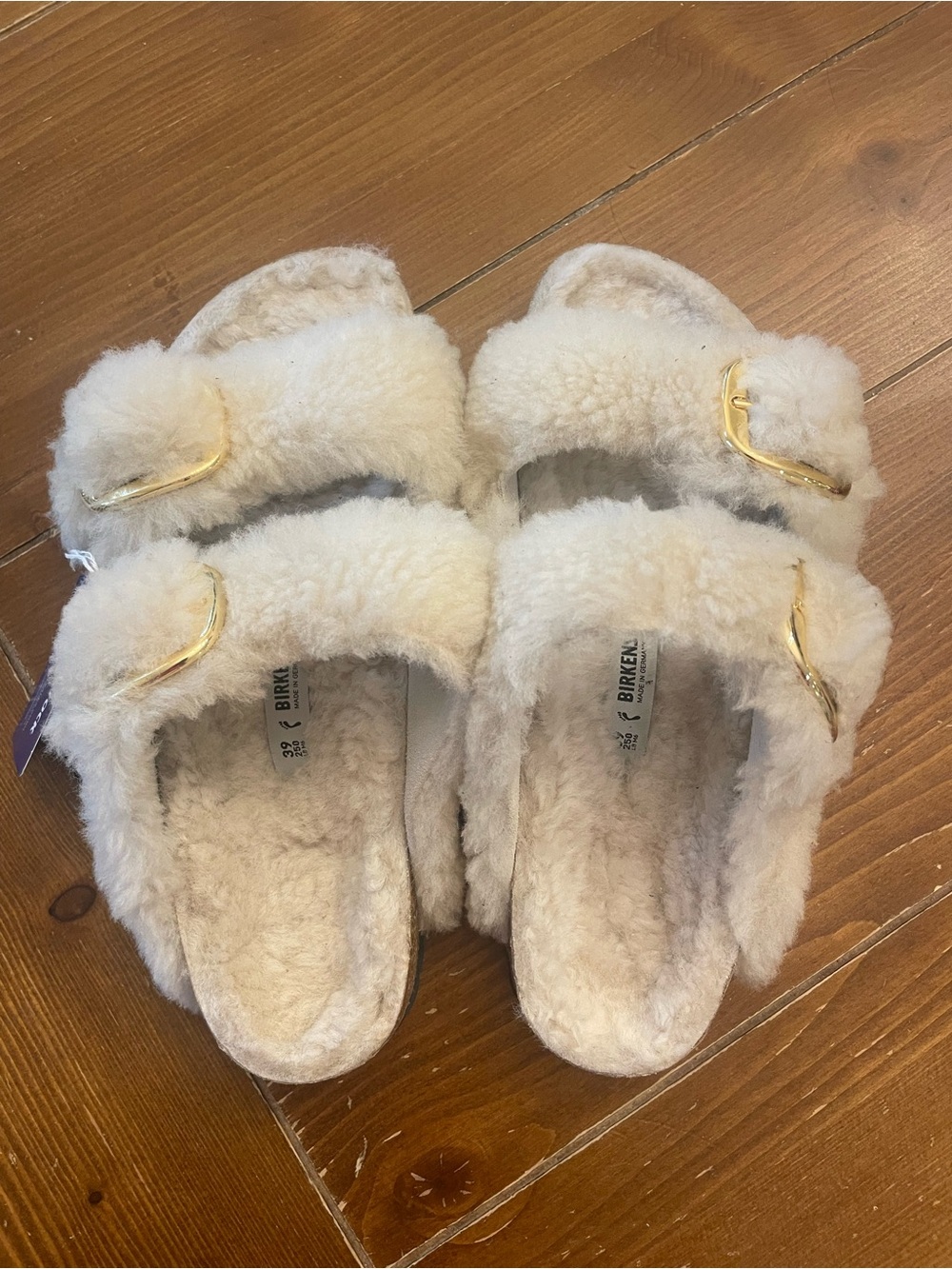 Birkenstock Cream Shearling Arizona Double-Strap Slide Sandals with Gold Buckles